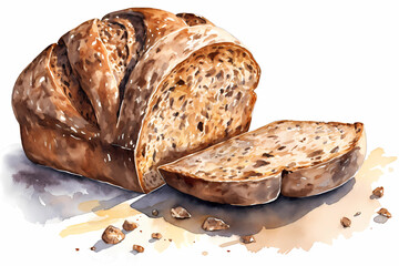 Watercolor sliced ​​rye bread. AI generation
