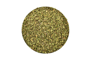 Natural dried mint herb (Mentha). Closeup on a Pile of Whole Dry (Dried) Mint Leaves. Isolated on White. Dried Mint. Dried peppermint tea leaves background, flat view. top view