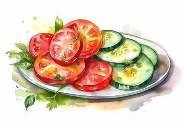 Watercolor sliced ​​vegetables on a plate. AI generation