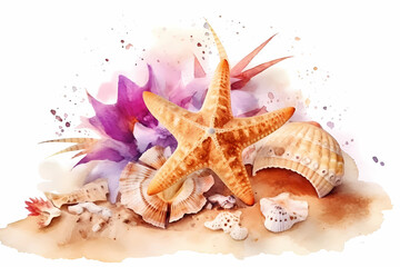 Starfish and shells on the beach. Watercolor. AI generation