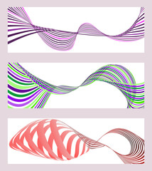 Wavy lines or ribbons. Set of 3 backgrounds. Multicolored striped gradient. Creative unusual background with abstract gradient wave lines to create a trendy banner, poster. vector eps