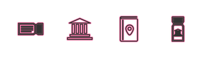 Set line Ticket, Cover book travel guide, Museum building and ticket icon. Vector