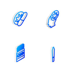Set Isometric line Head with marijuana or cannabis, Herbal ecstasy tablets, Medical bottle and Marijuana joint icon. Vector