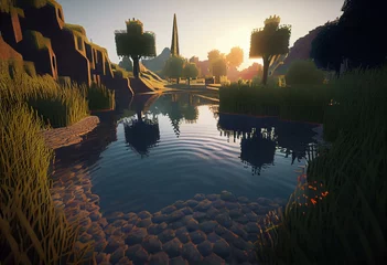 Gordijnen Paysage et rivière sur Minecraft. Generative AI © Elizabeth