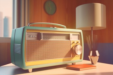 Retro radio in bright room. Generate Ai