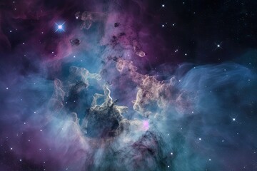 Fototapeta na wymiar star birth in a distant, dusty nebula, with bluish nebulosity and vibrant stars, created with generative ai