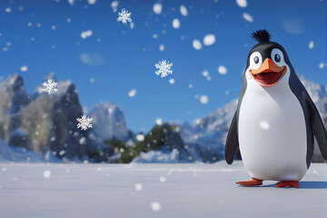 Obraz premium Cartoon style penguin walking with wings spread on the snow, generative ai