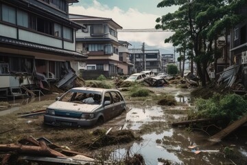 residential neighborhood with flooded streets and overturned cars after tsunami hits coastline, created with generative ai