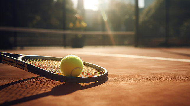 Tennis balls and racket on the grass court. Generative AI technology
