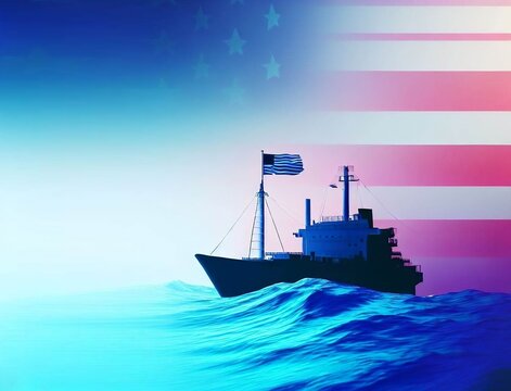 Digital Illustration of a Ship with American Flag Sailing on Waves with Gradient Sky on National Maritime Day, Generative Ai 