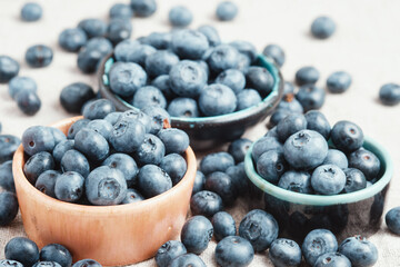 Three ceramic bowls with blueberries and berries scattered around.