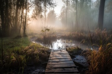 morning mist over duckboards path in forest, created with generative ai