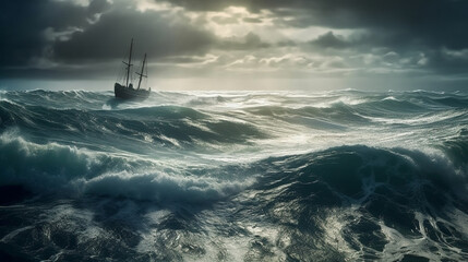 Ship in stormy sea. Generative Ai