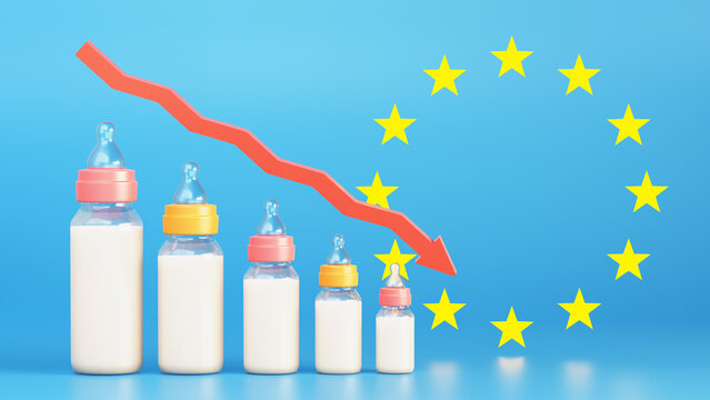 The concept of fertility decline in Europe. Depopulation, demographic crisis. Baby bottles in the form of graph and arrow down on the background of EU flag. 3d illustration.