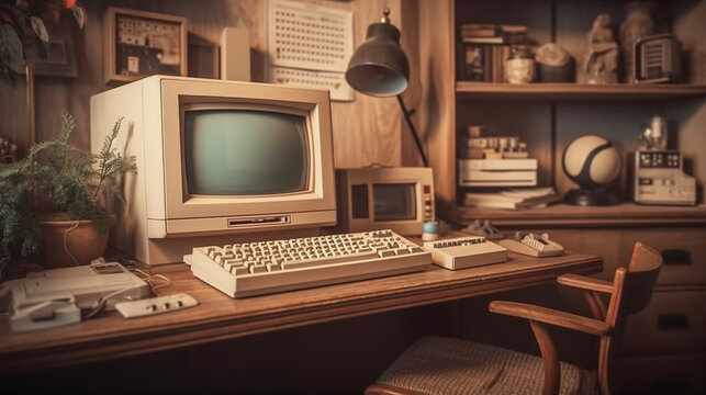 Old computer on a desk in the office. Generative Ai