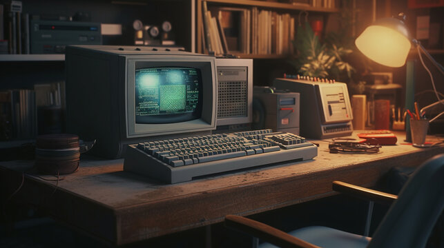 Old computer on a desk in the office. Generative Ai