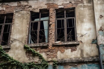close-up of abandoned building, showing the decay and neglect that has taken hold, created with generative ai