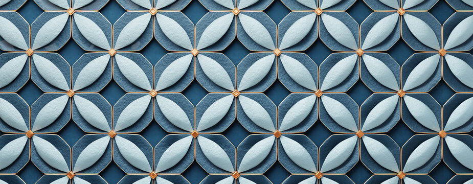 Abstract geometric beautiful background. Shiny ceramic blue tiles with golden elements. Banner pattern design. 3d render illustration.