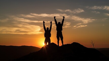 Silhouettes of two hikers with raised arms. Generative AI