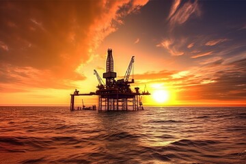 Fototapeta na wymiar oil rig, with view of the sunset, in tropical paradise, created with generative ai