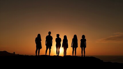 Fototapeta premium Silhouettes of friends together at sunset. Generative AI