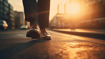 Businessman walking on the street at sunset, closeup of legs. Generative Ai