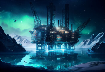 illustration of argosy oil production vessel in wonderful northern lights. ai