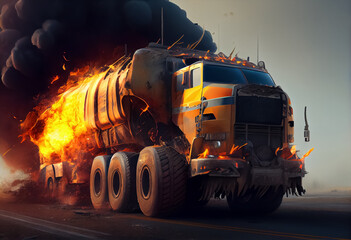 illusration of truck on fire accident on the road puffs of smoke and fire . ai