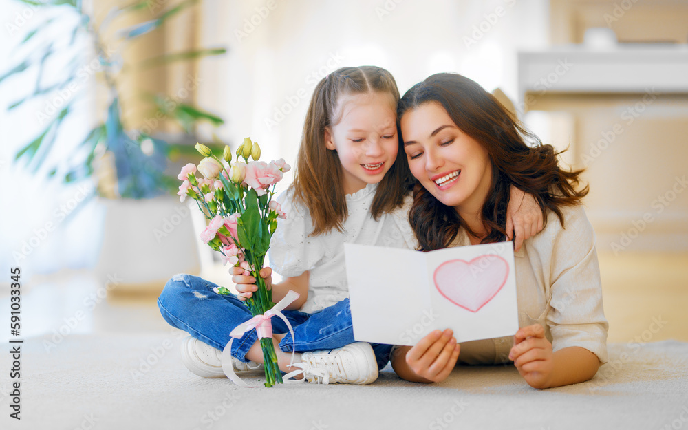 Canvas Prints Daughter giving mother bouquet of flowers.