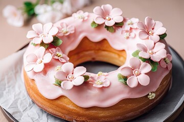 ring cake with alternating layers of cake and frosting, topped with delicate rose or cherry blossom decoration, created with generative ai