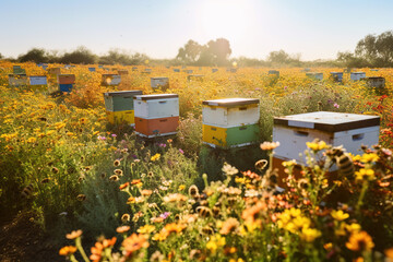 Sunlit scene featuring a field of colorful, blossoming flowers, with bees busily flying from flower to flower, collecting nectar to create sweet, delicious honey back at their hive. Generative Ai.
