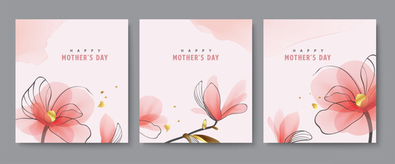 Fototapeta na wymiar Happy Mother's Day Calligraphy abstract art background vector. Luxury minimal style wallpaper with golden line art flower and botanical leaves, watercolor. Vector background for banner, poster.