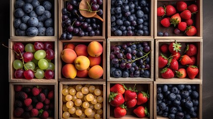 top view of various berries in the wooden boxes, fresh, organic, generative ai