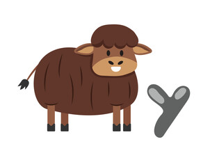 Concept Alphabet Y baby yak. This illustration is a flat vector cartoon design featuring the alphabet letter Y and a cute baby yak. Vector illustration.