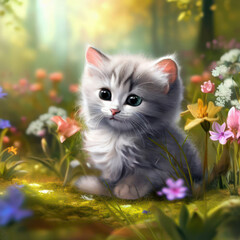 Naklejka na ściany i meble Cute fluffy kitten in a meadow of blooming flowers, generative AI
