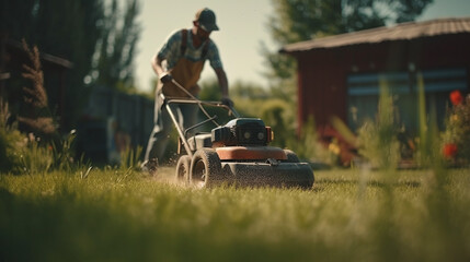 Gardener mowing the grass with a lawn mower. Generative Ai