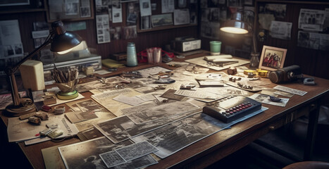 Detective workplace. Investigating board with a suspect evidence, crime information. Generative Ai
