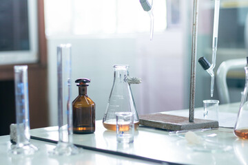 Laboratory glassware for chemical analysis, science laboratory research and development concept.