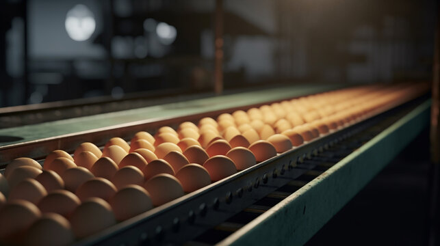 Eggs on conveyor belt in the factory. Generative Ai