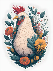 Chicken with flower vector art, generative ai