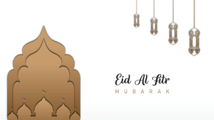 Islamic theme design template for Eid Al-Fitr celebration with minimalist and clear clean mosque and lantern decoration