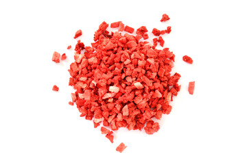 Strawberries on white background. Strawberries texture. dehydrated, dried Strawberry pieces, coarse...
