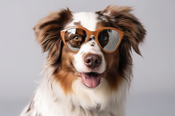 Portrait of happy Australian shepherd dog in sunglasses. Travel, Holidays concept. Generated Ai