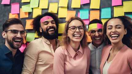 Happy Team in front of a board with sticky notes