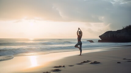 Fototapeta na wymiar Woman doing yoga at sea side