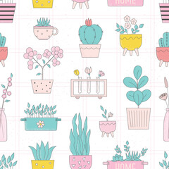 Cute vector seamlesspattern with homeplant, vase, flowers for wallpaper, wrapping paper