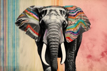trippy elephant with black and white stripes on pastel background, created with generative ai