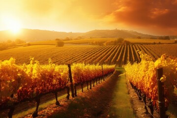 beautiful vineyard with golden sunset and warm fall colors, created with generative ai