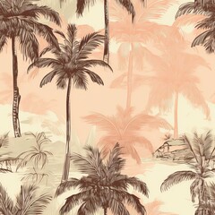 Exotic palm tree drawing on a trendy hand-drawn background as a Seamless Pattern. AI generation.