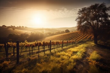 Obraz premium vineyard, with rows of vines and autumn sun, on rolling hills, created with generative ai